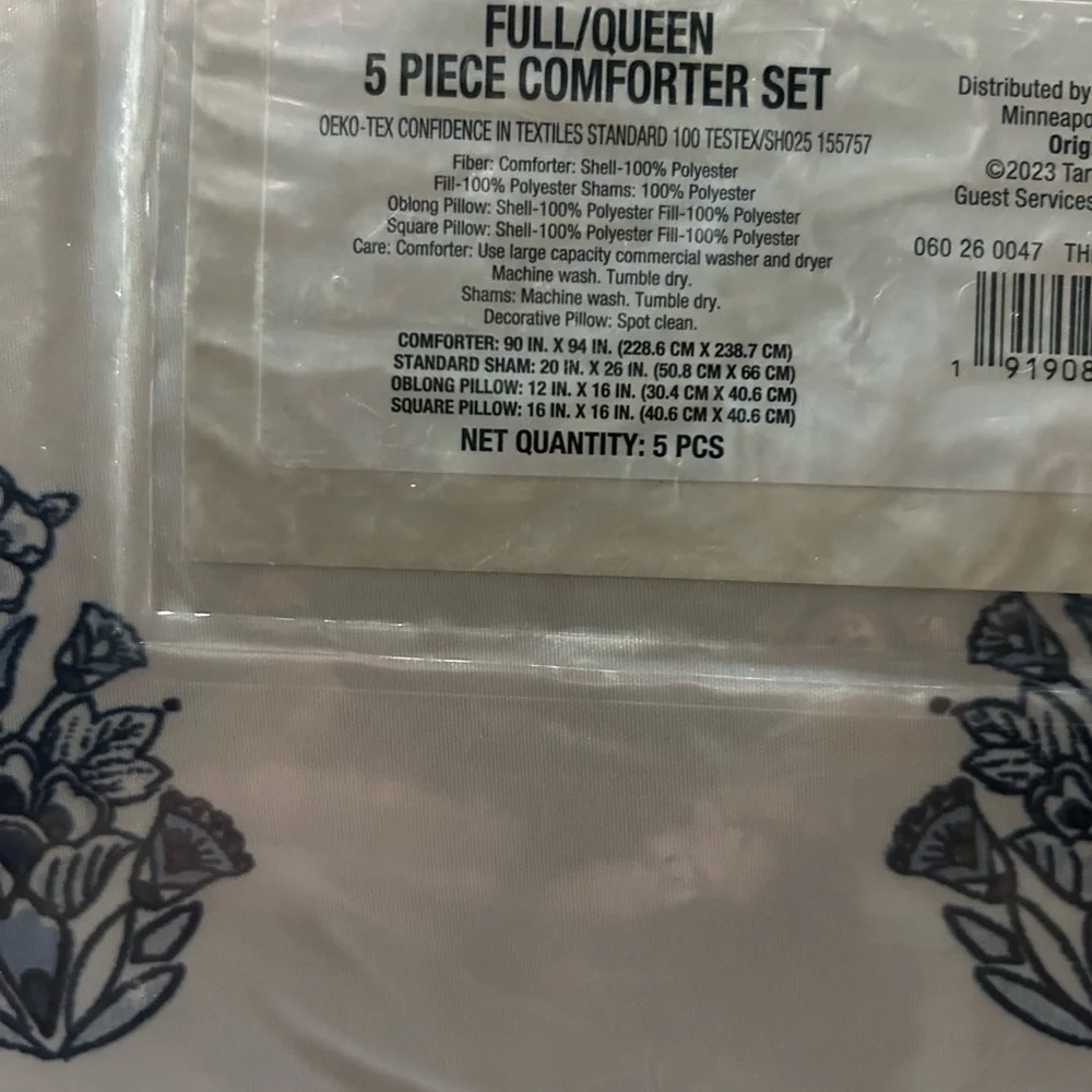 Threshold F/Q 5 Pc Comforter Set , Block Print with Border, Blue/White
